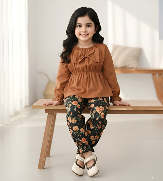 Baby Girl Elegant Brown Floral Outfit Set - #167