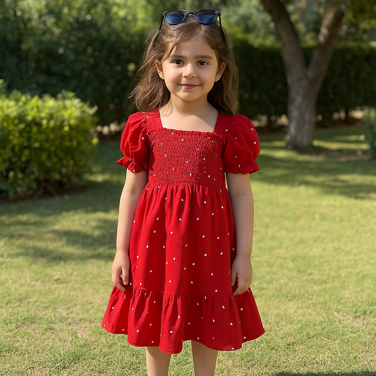 Baby girl red bubbled sleeves style pleated polka dot dress - #SH-724