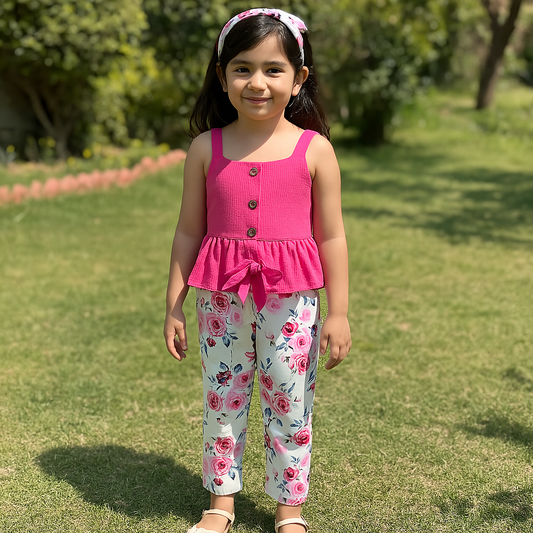 Baby girl pink button style top with printed pant - #SH-726