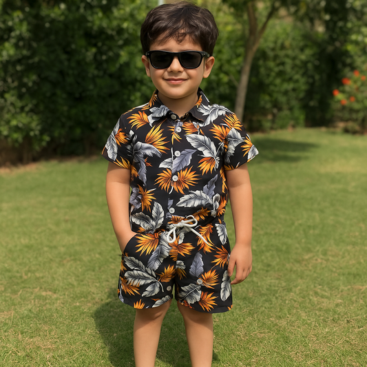 Baby/boy summer feather printed style printed shirt and short - #SH-733