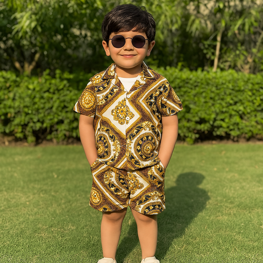 Baby/boy summer white and golden printed style shirt and short - #SH-731