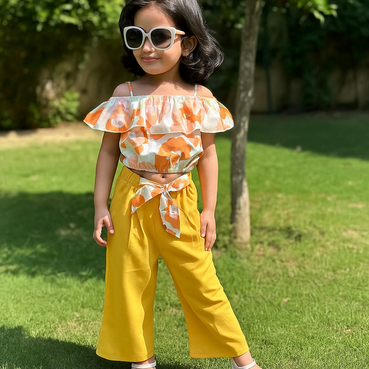 Baby girl floral style printed top with yellow pant - #SH-706