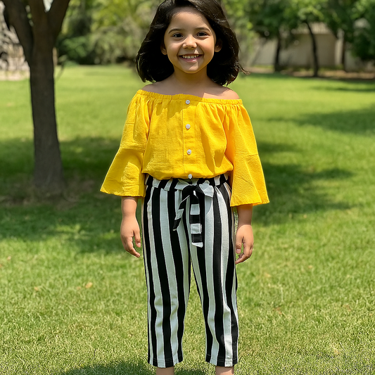 Baby girl yellow top with black and white lining pant - #98