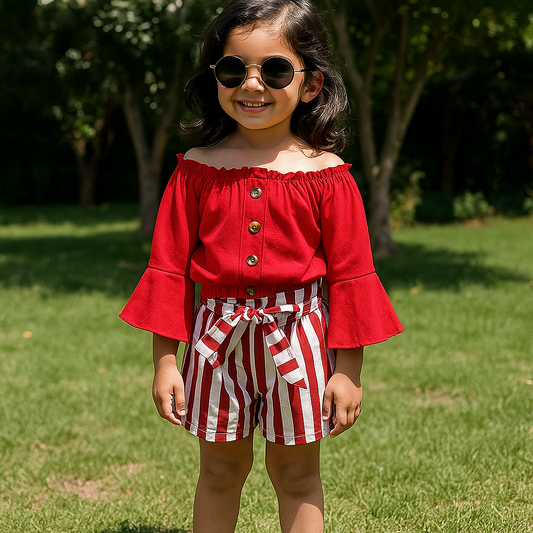 Baby red girl ruffle shoulder top with striped short