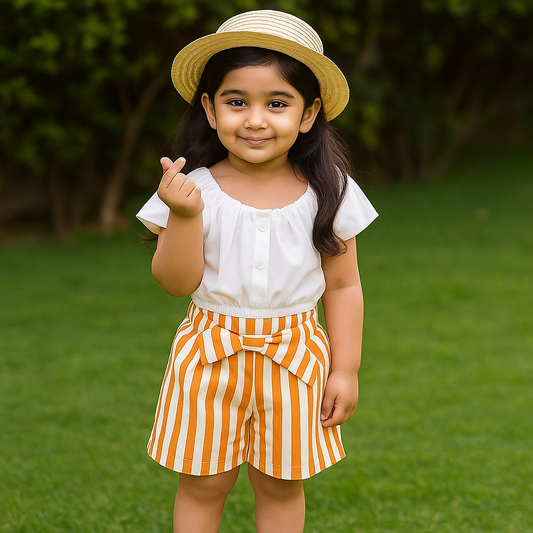Baby girl white top with orange lining short - #SH-708