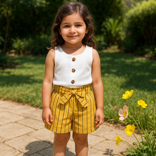 Baby girl white ribbed button style top with mustard printed short - #SH-719
