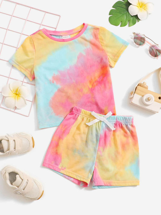Baby girl summer sun shade tie dye printed style t-shirt and short - #601
