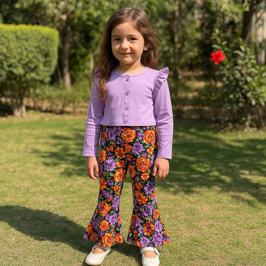 Baby girl purple button style top with multi printed flare style pant - #SH-720