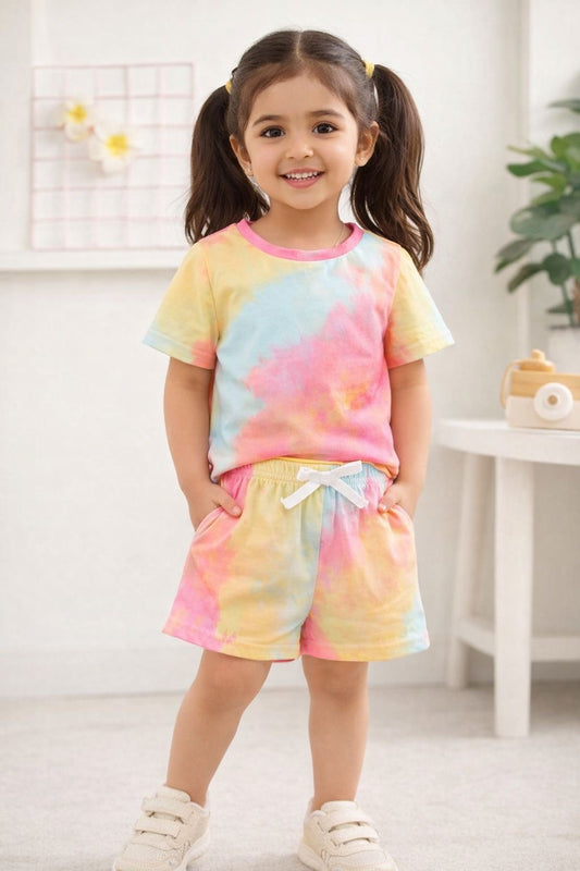 Baby girl summer sun shade tie dye printed style t-shirt and short - #601