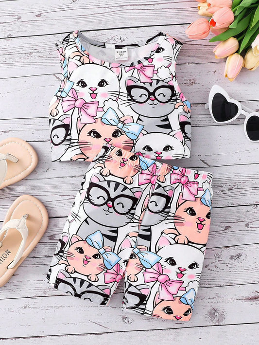 Baby girl summer kitty printed style top and short - #603