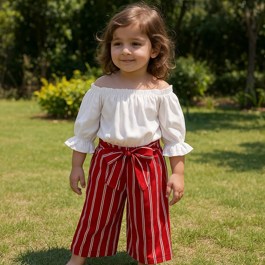 Baby girl white ruffle trim top with red lining pant - #SH-716