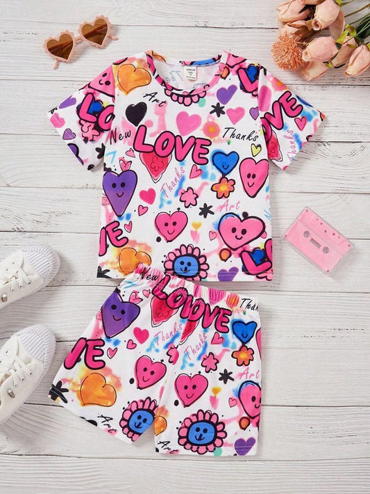 Baby girl new summer love printed style t-shirt and short - #604