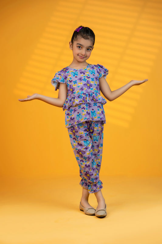 Baby girl lavender floral printed co ord dress - #SH-711