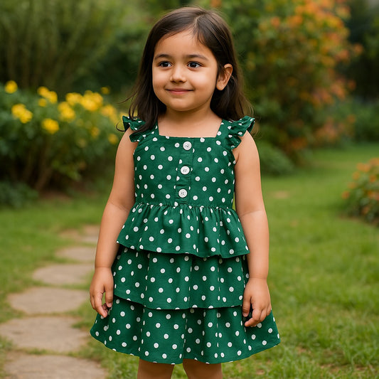 Baby girl green polka dot printed flare style dress - #SH-712