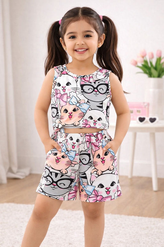 Baby girl summer kitty printed style top and short - #603