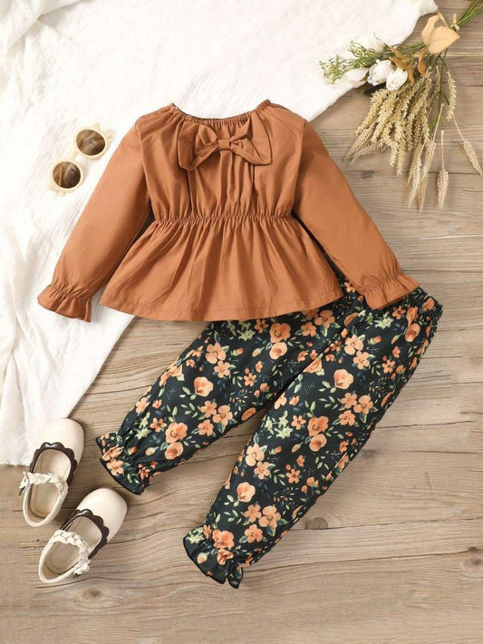 Baby Girl Elegant Brown Floral Outfit Set - #167