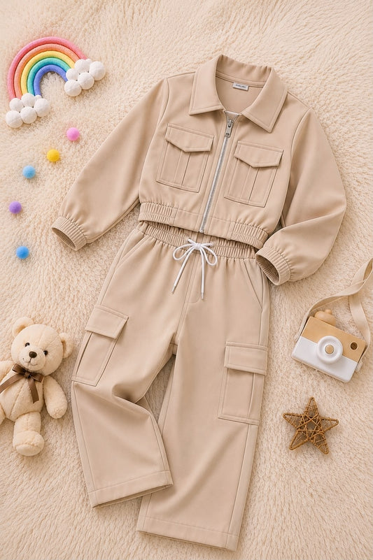 Baby Girl Trendy Cargo Winter Co Ord Set - Beige