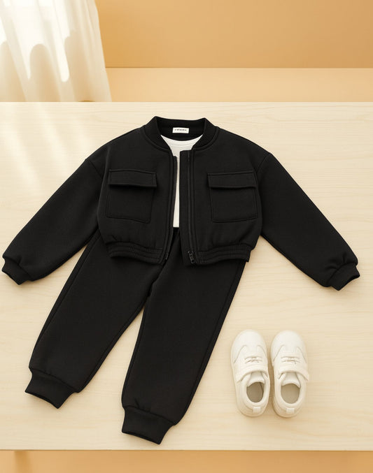 Baby girl black zipper style winter fleece tracksuit - #WS00-04