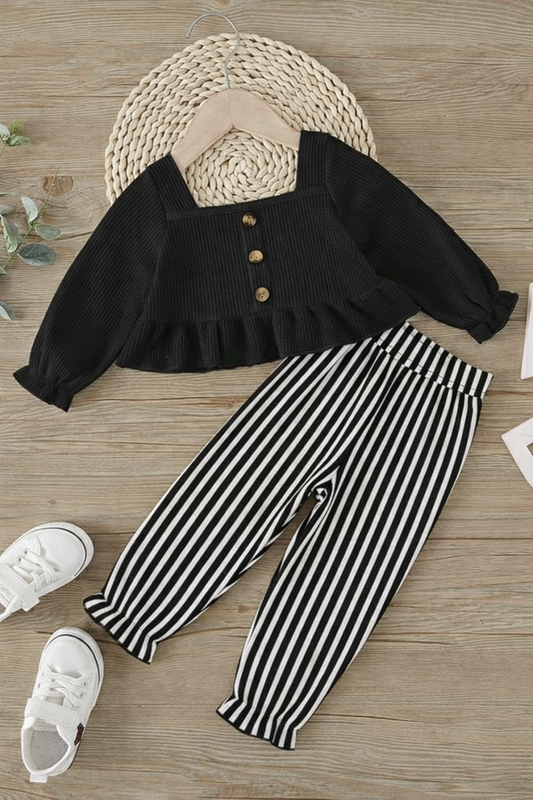 Baby Girl Stylish Black Stripe Outfit Set - #170