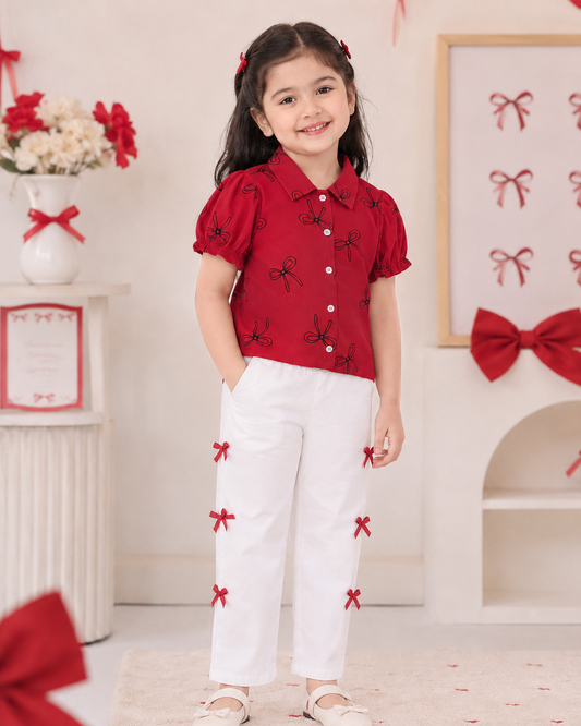 Baby Girl Maroon Bow Shirt & Pants Set - #183