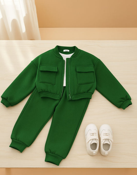 Baby girl bottle green zipper style winter fleece tracksuit - #WS00-03