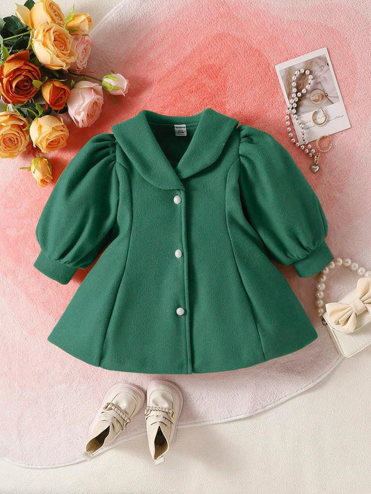 Baby girl winter bottle green pearl style puff sleeves coat - W2025-012