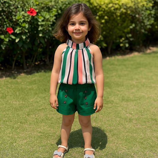 Baby girl multi lining top with bottle green button style short - #SH-714