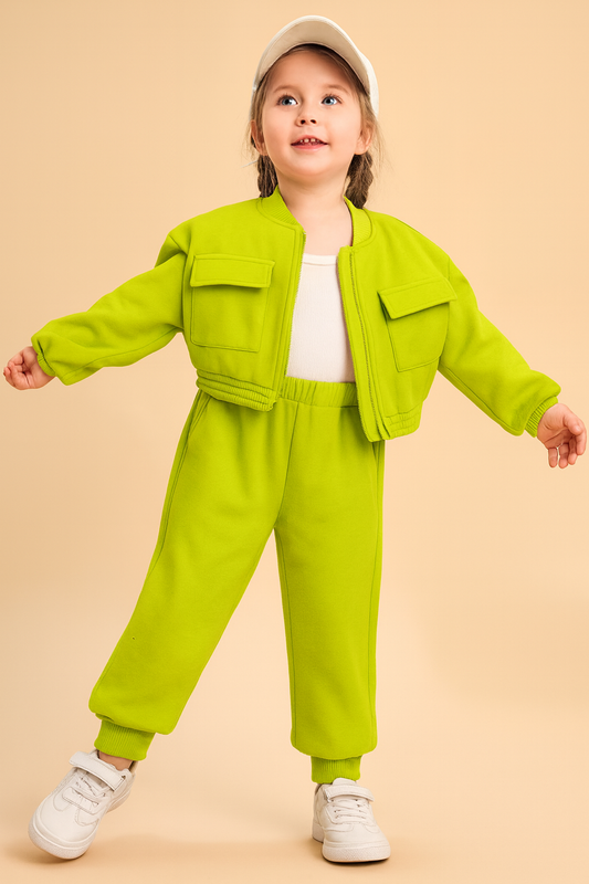 Baby girl bright yellow zipper style winter fleece tracksuit - #WS00-05