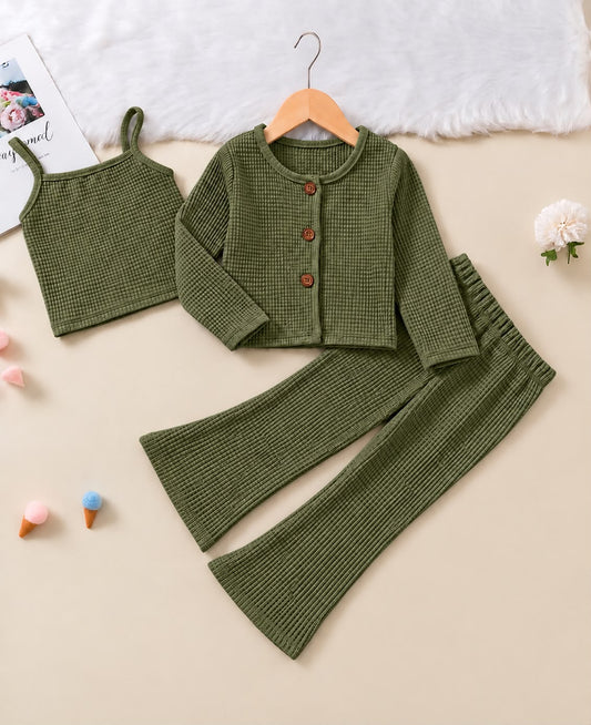 Baby Girl Cozy Waffle 3-Piece Set - OLIVE GREEN