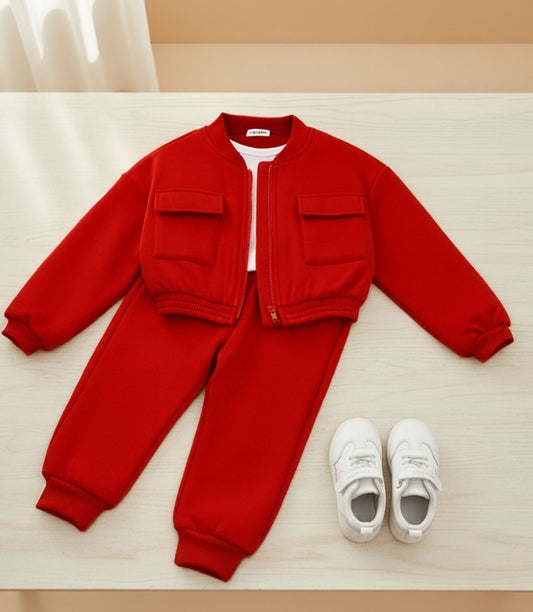 Baby girl red zipper style winter fleece tracksuit - #WS00-02
