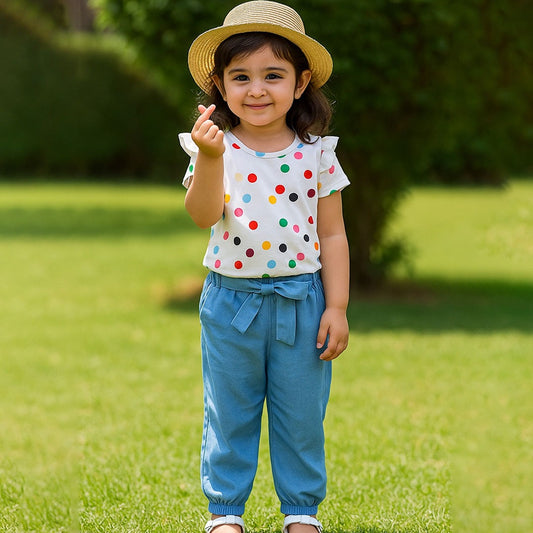 Baby girl multi polka dot style top with blue pant - #SH-703