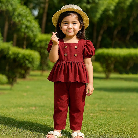 Baby girl maroon flare style button top with basic pant - #SH-722