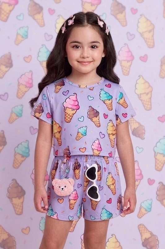 Baby girl new purple ice cream printed t-shirt and short - #605
