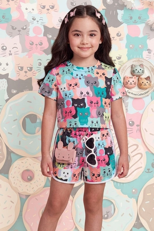 Baby Girl Funky Cats T-Shirt & Shorts Set - #609