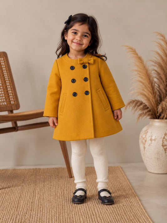 Baby Girls Winter Royal Bow Coat - MUSTARD