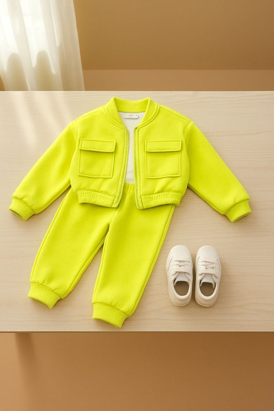 Baby girl bright yellow zipper style winter fleece tracksuit - #WS00-05