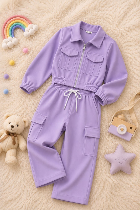 Baby Girl Trendy Cargo Winter Co Ord Set - Purple