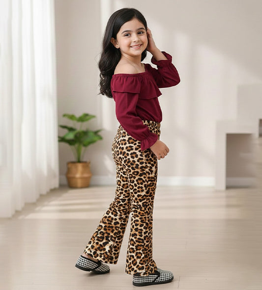 Baby Girl Maroon & Leopard Outfit Set - #166