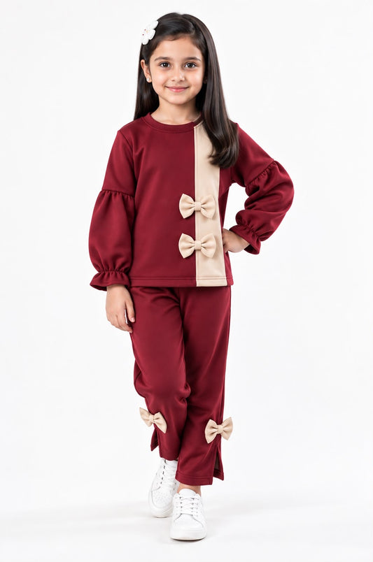 Baby Girls Elegant Contrast Co-Ord Set - MAROON