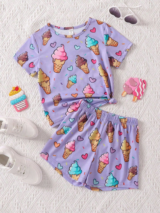 Baby girl new purple ice cream printed t-shirt and short - #605