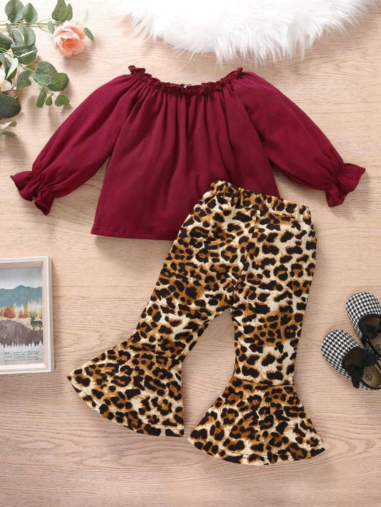 Baby Girl Maroon & Leopard Outfit Set - #166