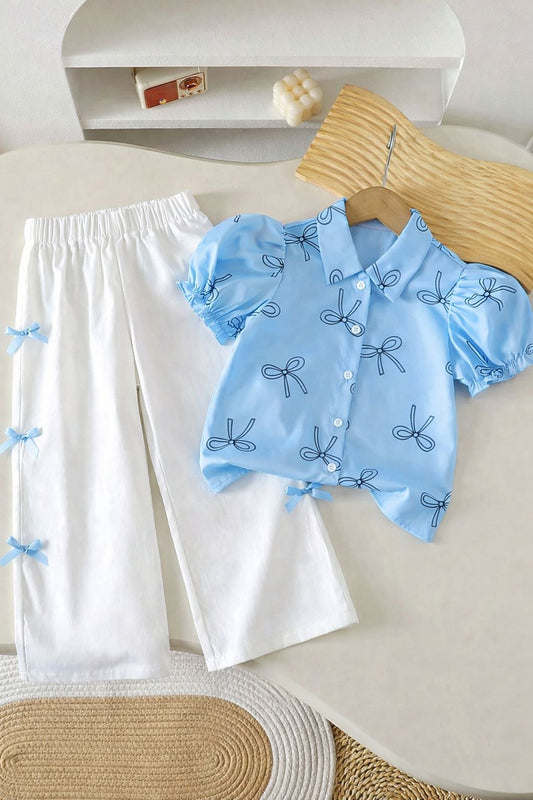 Baby Girl Sky Blue Bow Shirt & Pants Set - #182