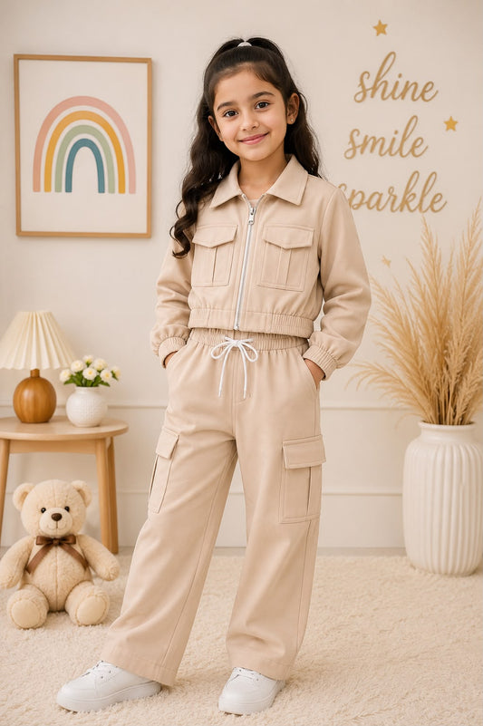 Baby Girl Trendy Cargo Winter Co Ord Set - Beige