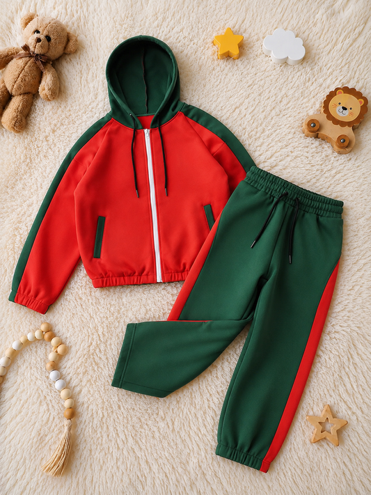 Baby Boy Red & Green Hooded Winter Tracksuit #W205