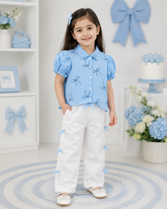 Baby Girl Sky Blue Bow Shirt & Pants Set - #182