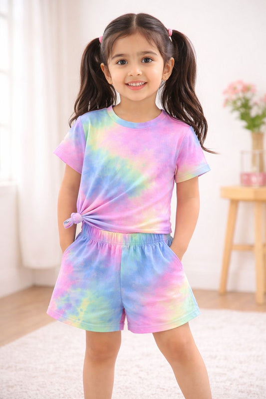 Baby girl summer rang shade tie-dye t-shirt and short - #600