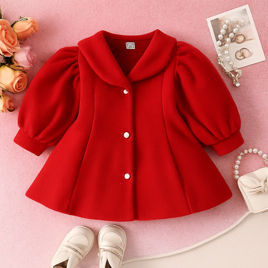Baby girl winter red pearl style puff sleeves coat - W2025-011