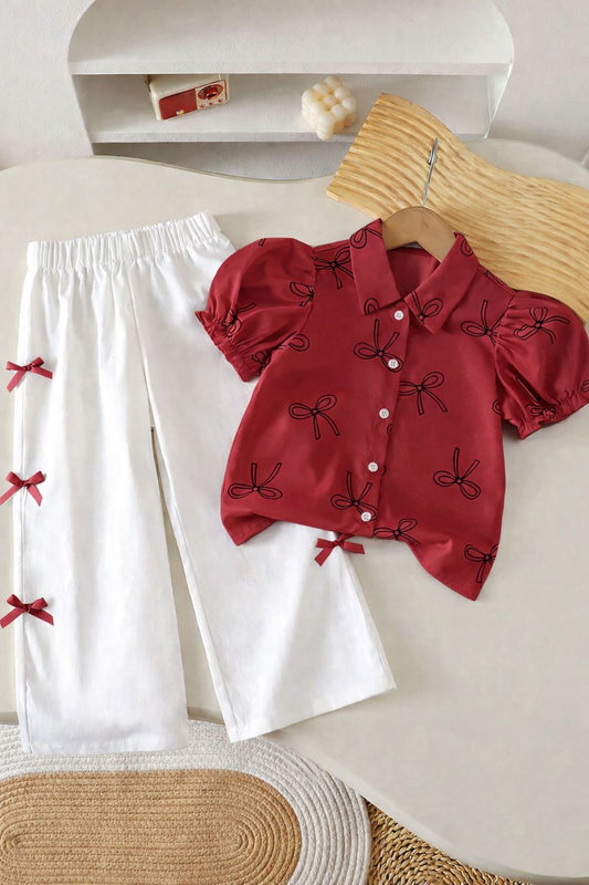 Baby Girl Maroon Bow Shirt & Pants Set - #183