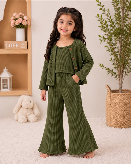 Baby Girl Cozy Waffle 3-Piece Set - OLIVE GREEN