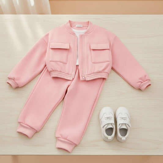 Baby girl pink zipper style winter fleece tracksuit - #WS00-07